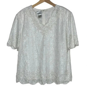 Vintage Fashion Bug women's 22 Off White‎ Formal Top Lace Pearls Beaded V-Neck